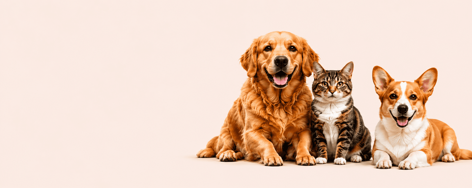 Happy golden retriever, cat and corgi