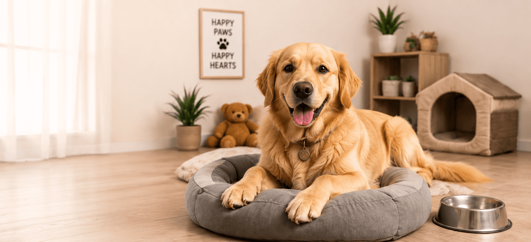 Golden retriever relaxing on a boarding bed at home