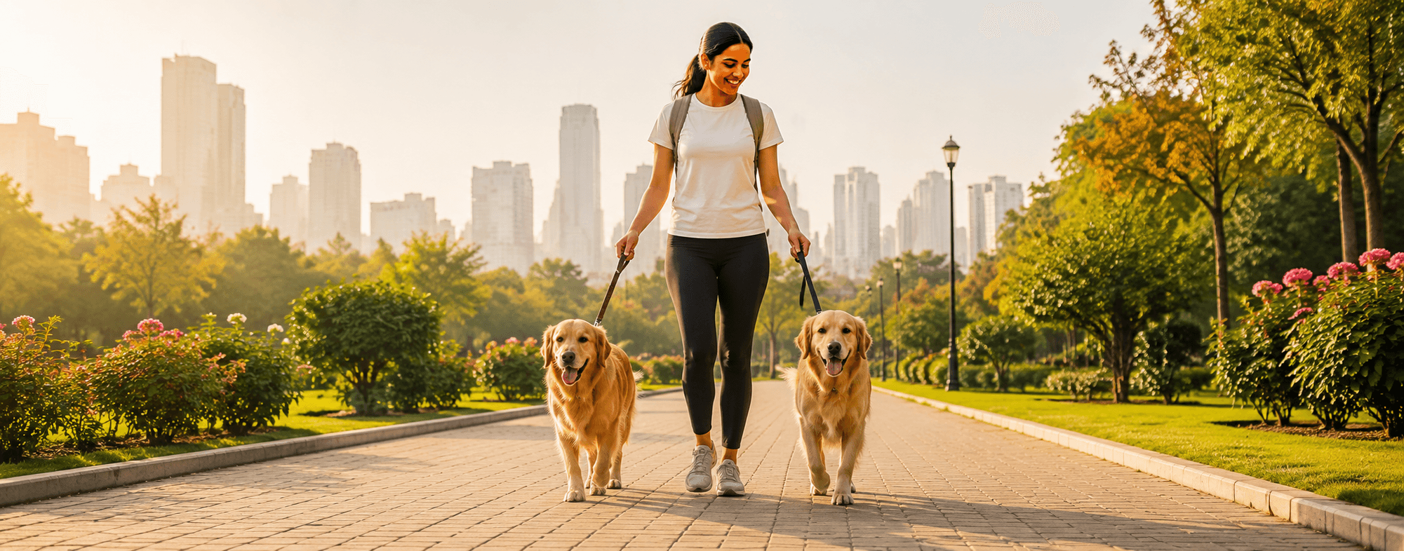 Pet parent walking dogs outdoors